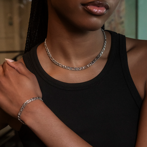 Figaro Necklace + Bracelet Bundle in White Gold- 6mm
