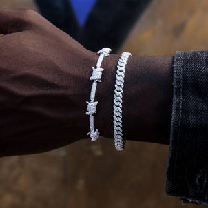 Iced Barbed Wire + 6mm Micro Diamond Prong Bracelet Bundle in White Gold