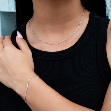 Figaro Necklace + Bracelet Bundle in White Gold- 2mm
