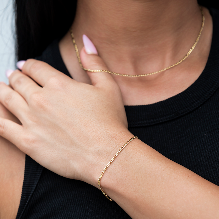 Figaro Necklace + Bracelet Bundle in Yellow Gold- 2mm