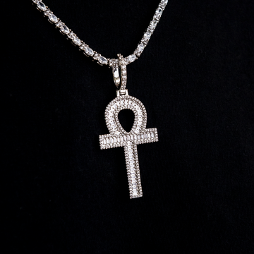 Diamond Baguette Ankh Cross Pendant in White Gold