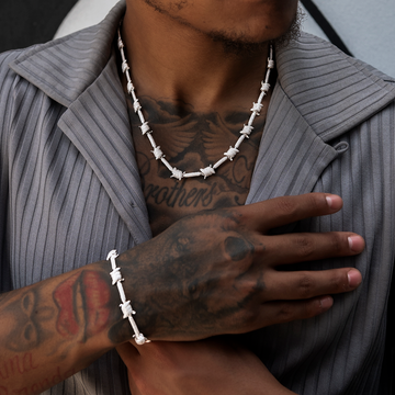 Iced Barbed Wire Chain + Bracelet Bundle in White Gold
