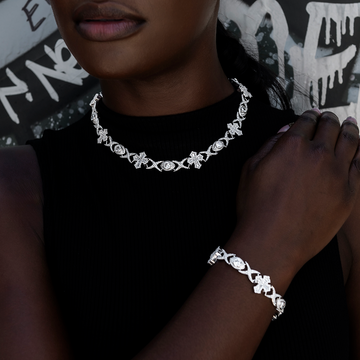 Baguette Cross Evil Eye Necklace + Bracelet in White Gold