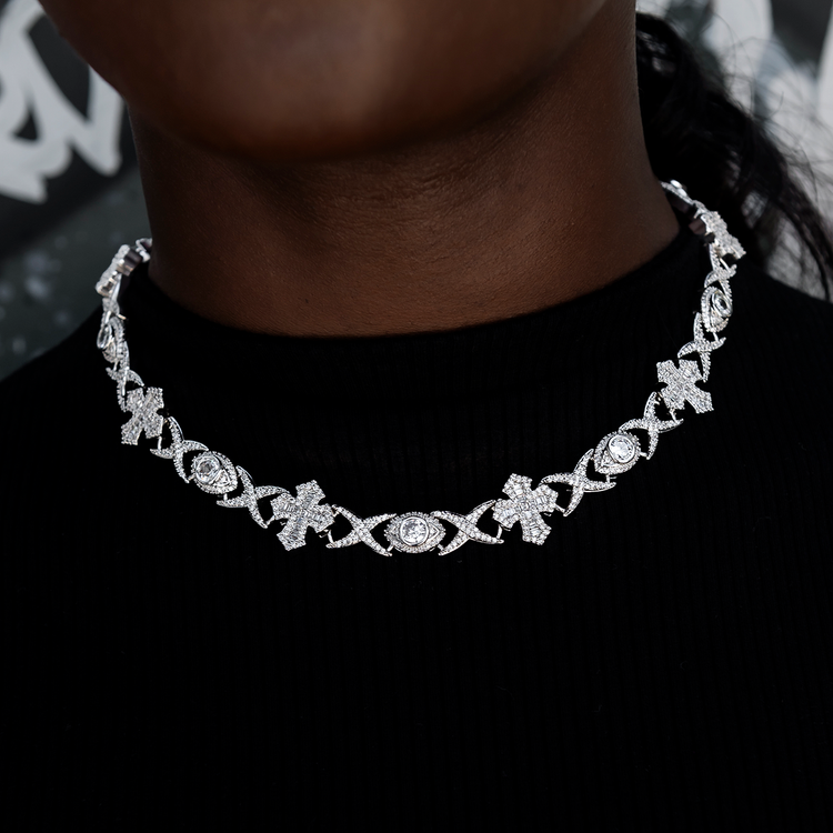 Baguette Cross Evil Eye Necklace + Bracelet in White Gold