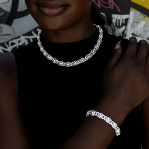 Iced Halo Cuban Necklace + Bracelet with Pearls Bundle in White Gold