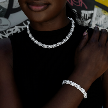 Iced Halo Cuban Necklace + Bracelet with Pearls Bundle in White Gold