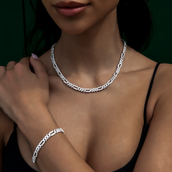 Diamond Figaro Necklace + Bracelet Bundle in White Gold- 6mm