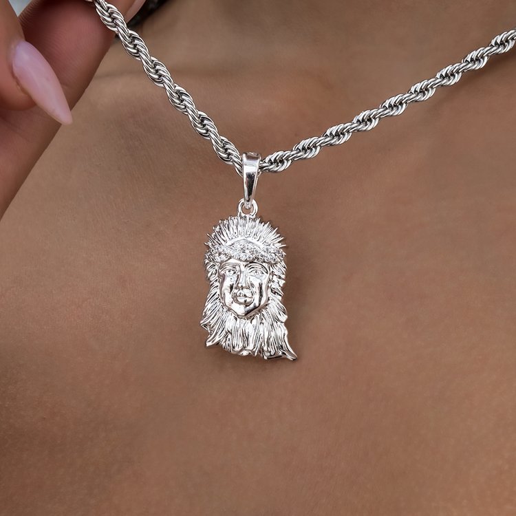 Diamond Crown Portrait of Jesus Pendant in White Gold