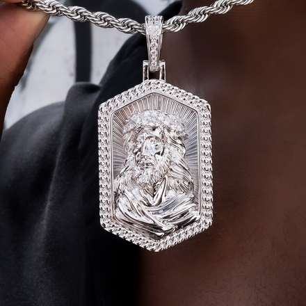 Large Icon Jesus Pendant in White Gold