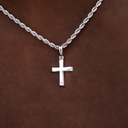 Micro Simple Cross Pendant + Rope Chain in White or Yellow Gold - 2mm