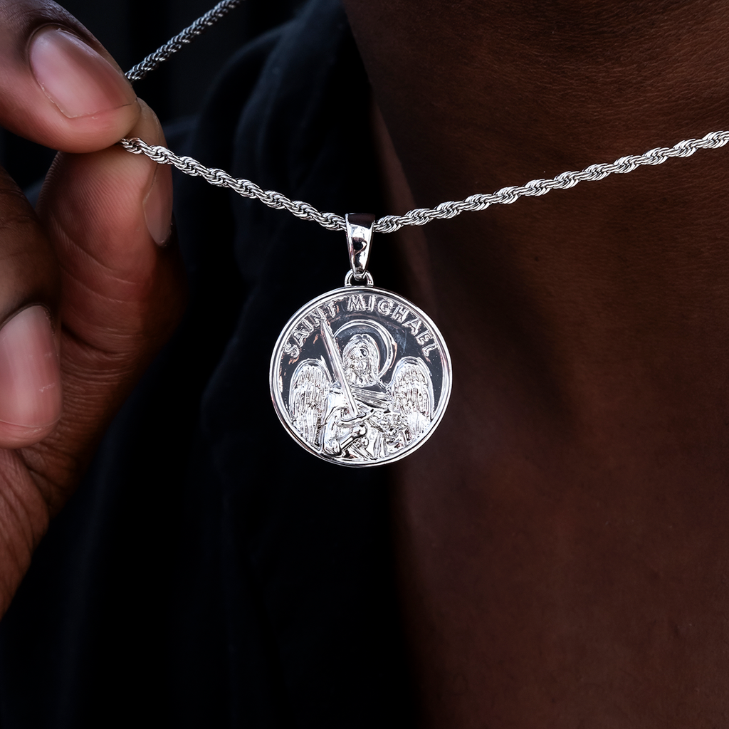 Saint Michael Coin Pendant in White Gold – The GLD Shop