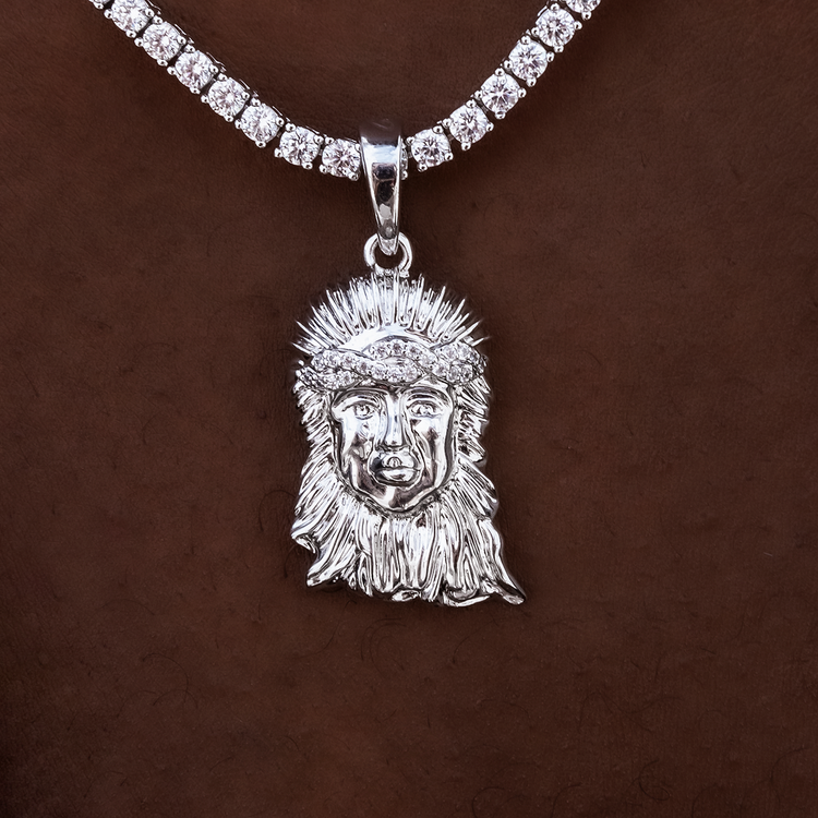 Diamond Crown Portrait of Jesus Pendant in White Gold