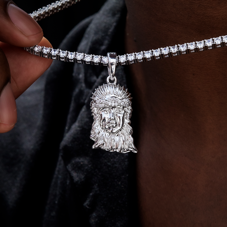 Diamond Crown Portrait of Jesus Pendant in White Gold
