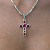 Ruby Stone Rounded Cross Pendant in Yellow Gold