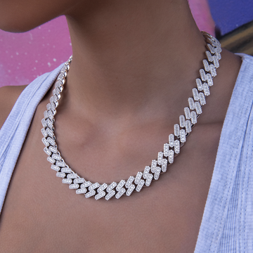 Diamond Baguette Cuban Necklace in White Gold- 12mm