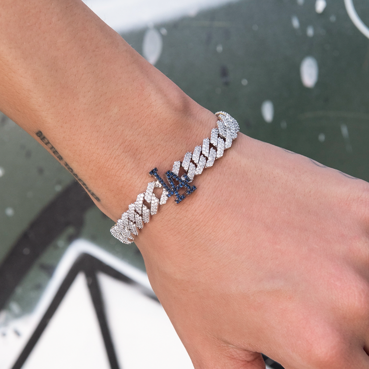 Los Angeles Dodgers Official MLB Diamond Prong Cuban Bracelet in White Gold- 8.5mm