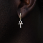 Iced Ankh Cross Hoop Earrings in Yellow Gold