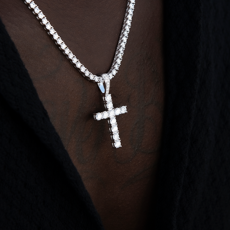 Moissanite Diamond Cross Pendant in White Gold Vermeil