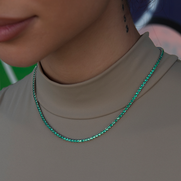 Emerald Diamond Micro Tennis Necklace in White Gold
