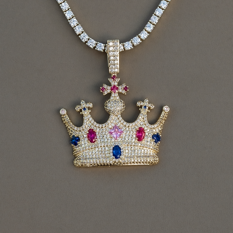 Multicolor Crown Pendant in Yellow Gold