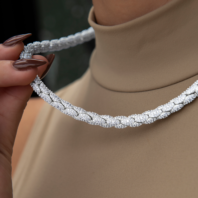 Diamond Pave Snake Link Necklace in White Gold-6mm- The GLD Shop