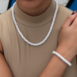 Diamond Pave Snake Link Necklace + Bracelet Bundle in White Gold- 6mm
