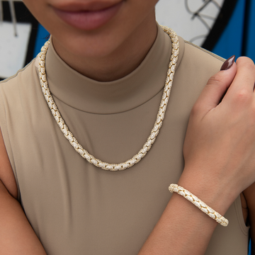 Diamond Pave Snake Link Necklace + Bracelet Bundle in Yellow Gold- 6mm