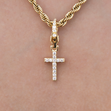 Iced Micro Cross Clip On Charm Pendant in Yellow Gold