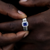 Diamond Emerald Cut Sapphire Textured Ring in White Gold Vermeil