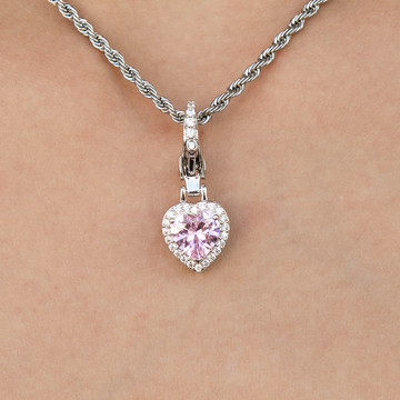 Micro Iced Pink Heart Clip On Charm Pendant in White Gold