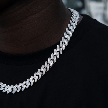 Cadena cubana con diamantes baguette en oro blanco - 12 mm