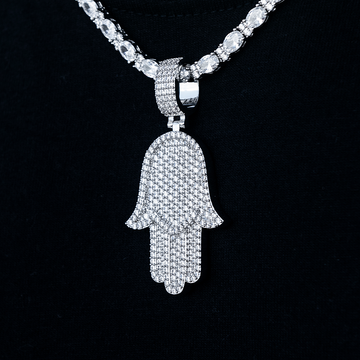 Large Iced Baguette Hamsa Pendant in White Gold