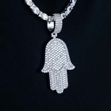 Large Iced Baguette Hamsa Pendant in White Gold
