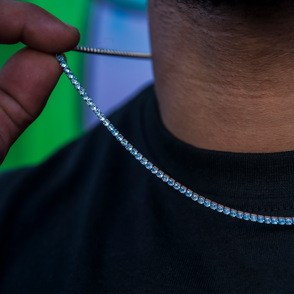 Blue Topaz Diamond Micro Tennis Chain in White Gold- The GLD Shop Blue Topaz Diamond Micro Tennis Chain in White Gold- The GLD Shop