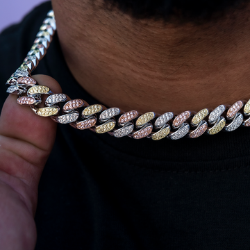 Cadena cubana de eslabones de diamante en oro amarillo/rosa/blanco - 12 mm