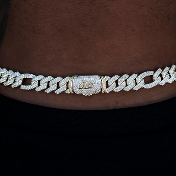 Cadena Figaro de Oro Amarillo con Diamantes - 10 mm