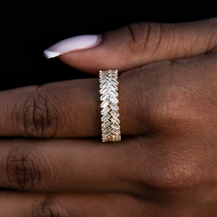 Diamond Baguette Herringbone Ring in Yellow Gold Vermeil