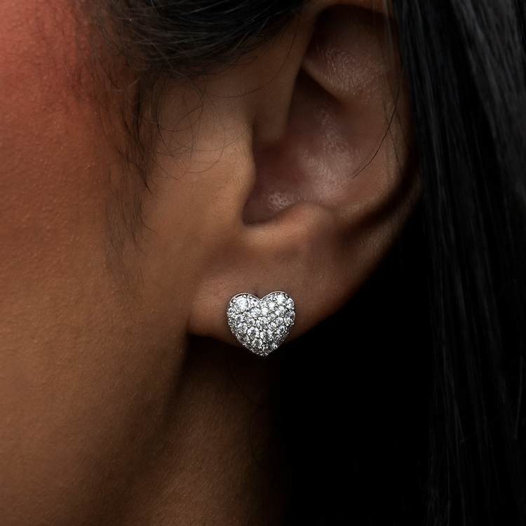 Heart Pave Stud Earrings - White Gold