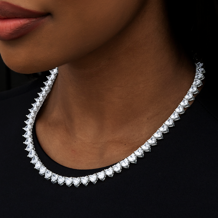 Heart Diamond Tennis Necklace in White Gold- 6mm