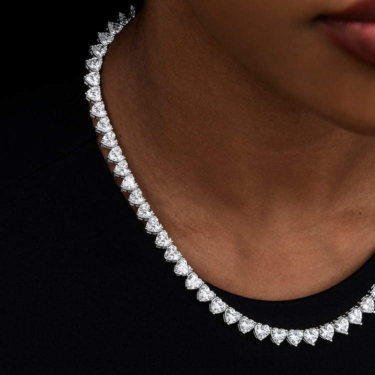 Heart Diamond Tennis Necklace in White Gold- 6mm