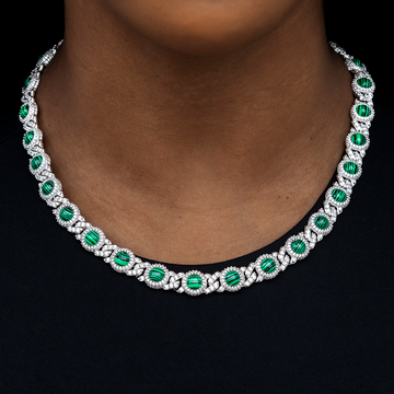 10mm Iced Halo Cuban Necklace with Malachite in White Gold