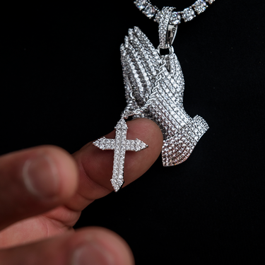 Large Iced Praying Hands with Cross Pendant in White Gold- The GLD