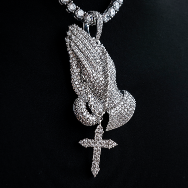 Large Iced Praying Hands with Cross Pendant in White Gold- The GLD