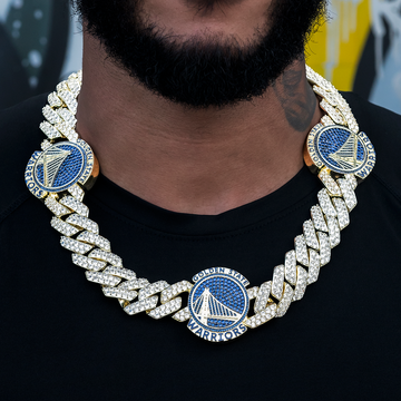 Golden State Warriors Official NBA Diamond Prong Cuban Chain in Yellow Gold- 25mm