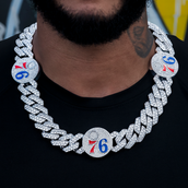 Philadelphia 76ers Official NBA Diamond Prong Cuban Chain in White Gold- 25mm