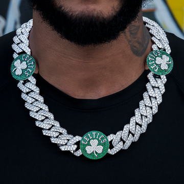Boston Celtics Official NBA Diamond Prong Cuban Chain in White Gold- 25mm