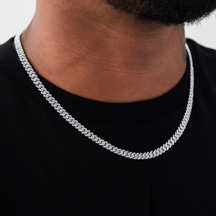 Micro Diamond Prong Cuban Necklace in White Gold - 6mm