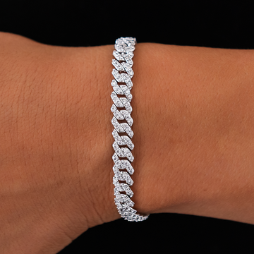 Micro Diamond Prong Cuban Bracelet in White Gold - 6mm