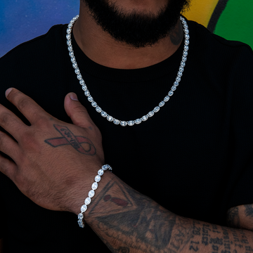 Diamond Oval Clustered Tennis Chain + Bracelet Bundle in White Gold- 4mm