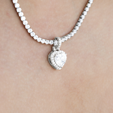 Women's Moissanite Micro Iced Heart Pendant in White Gold Vermeil